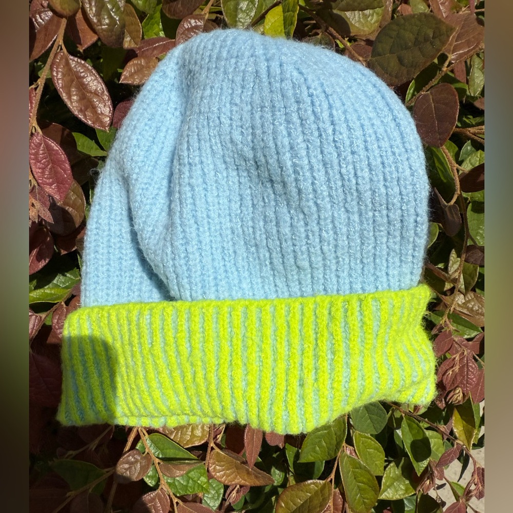 Free People Light Blue and Bright Yellow Knit Beanie